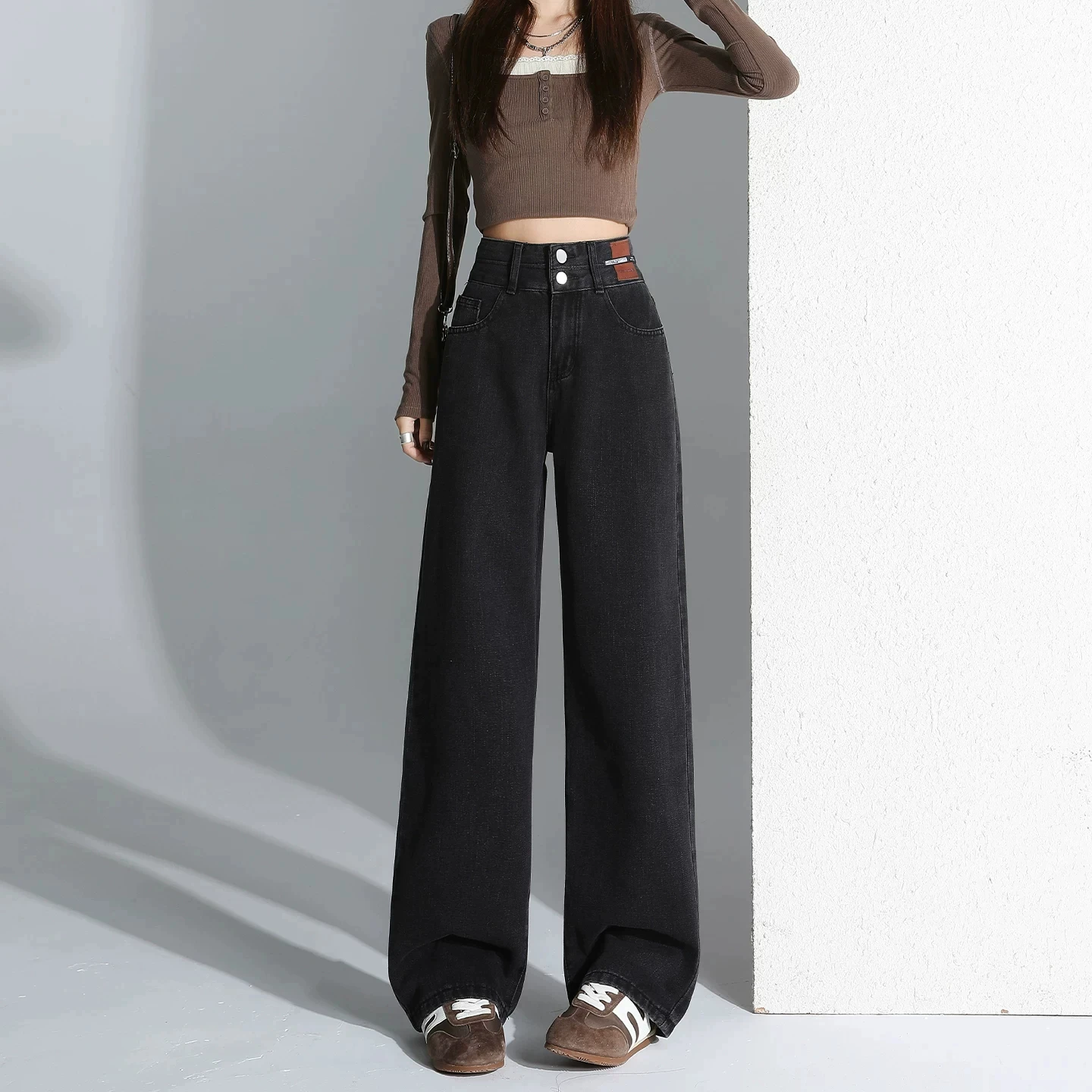 Casual High Waist Straight Leg Jeans Women's Narrow Version Double Buckle Slim Wide Leg Pants Autumn Fashion New Style