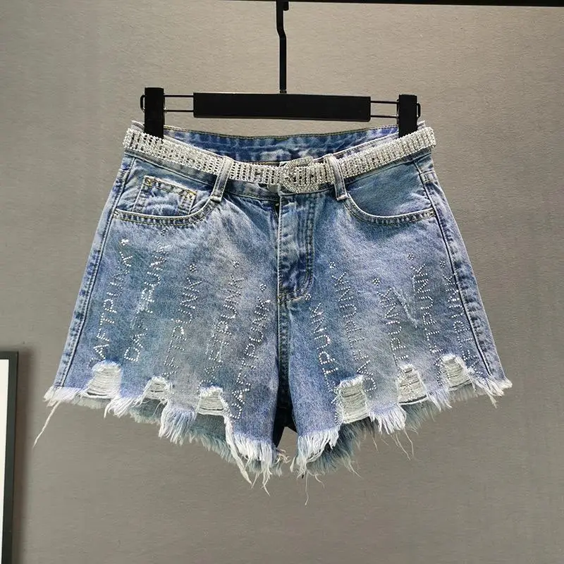 Women's Denim Shorts2024Summer New European Station Loose Slimming Heavy Embroidery Hot Drilling Raw Hem Ripped Wide Leg Hot Pan