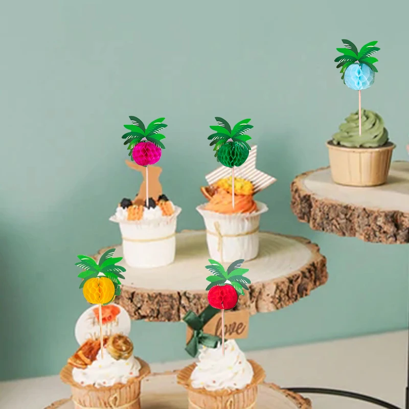 

1set Hawaiian Tropical Toothpick Pineapple Palm Leaf Paper Cupcake Topper for Summer Wedding Birthday Party Decoration Supplies