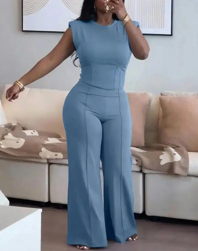 

Two Piece Set Women Outfit 2026 New O-Neck Sleeveless Padded Shoulders Cinched Waist Crop Top & Elastic Waist Wide Leg Pants Set