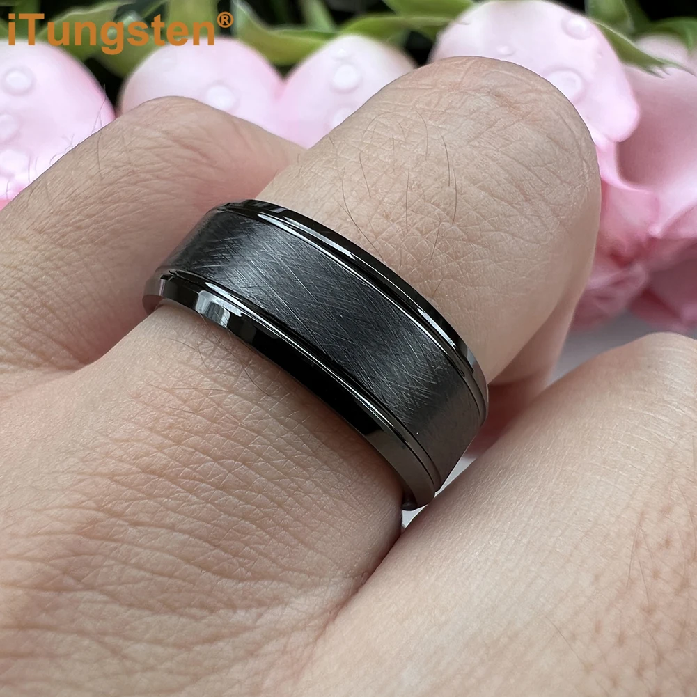 iTungsten 8mm Black Tungsten Carbide Ring for Men Women Trendy Engagement Wedding Band Beveled Edges Brushed Finish Comfort Fit