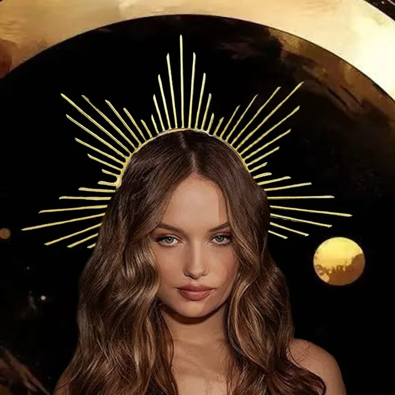 

1pcs/ Gold Goddess Sunburst Tiara Halo Crown for Bridal Wedding Cosplay Party Mary Celestial