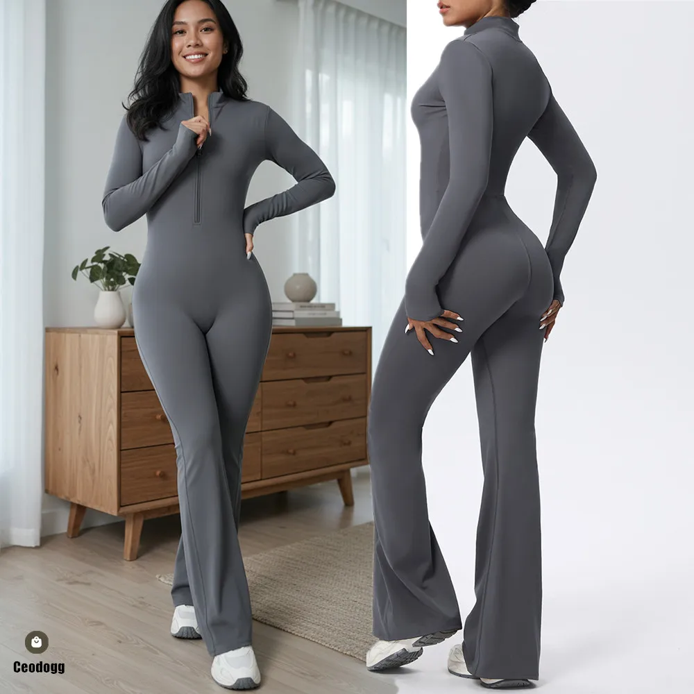 

Women Long Sleeve Flare Workout Zip Up Romper Bottom Pants Wide Leg Bodysuit Bodycon One Piece Jumpsuit Activewear XP27