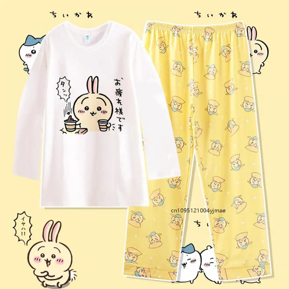 2Pcs Chiikawa Pajamas Summer Cartoon Girl Cotton Japanese Style Round Neck Short Sleeve Pants Loose Cartoon Casual Home Clothes