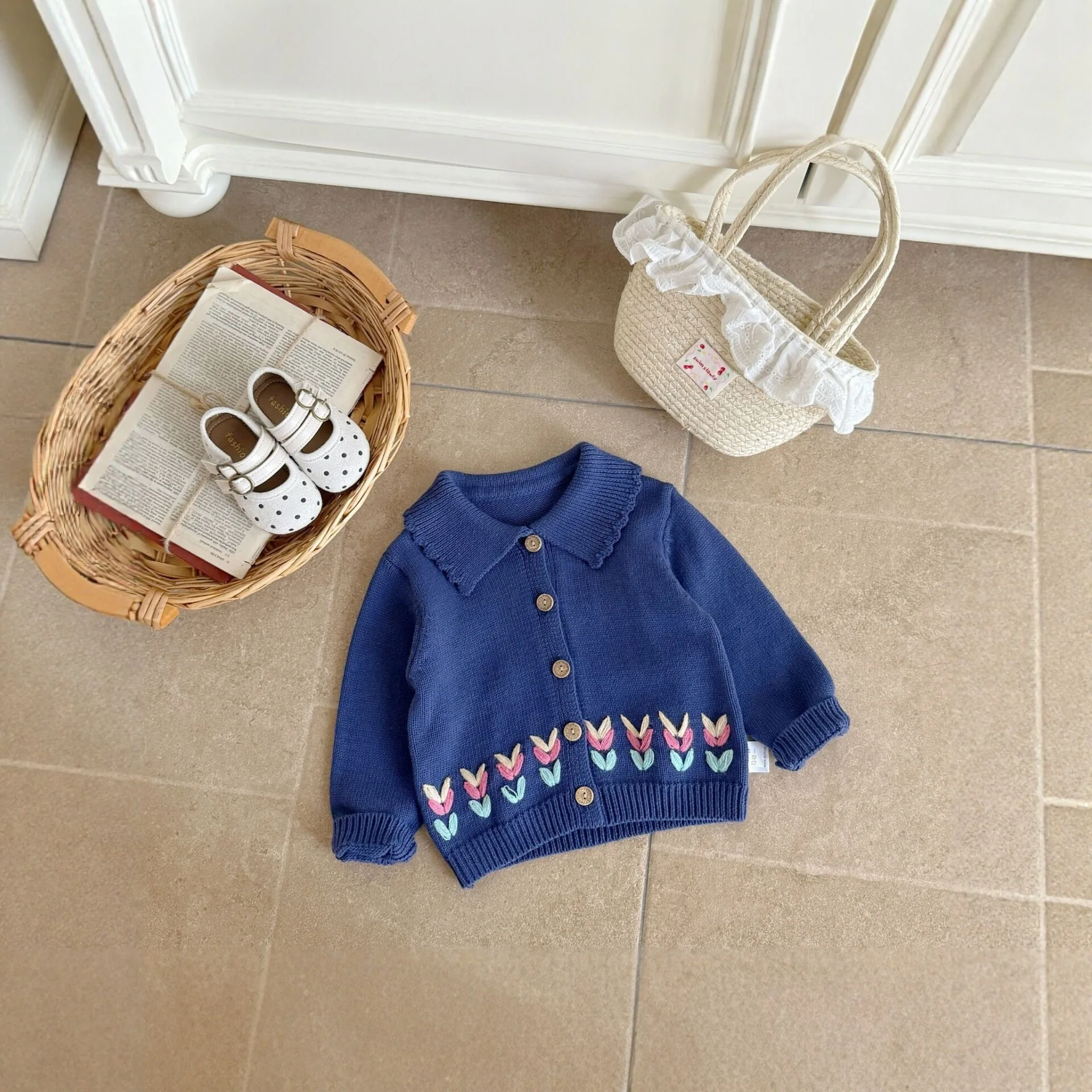 2026 Autumn New Baby Long Sleeve Knitted Cardigan Girls Embroidery Lapel Sweater Coat Cotton Infant Toddler Clothes