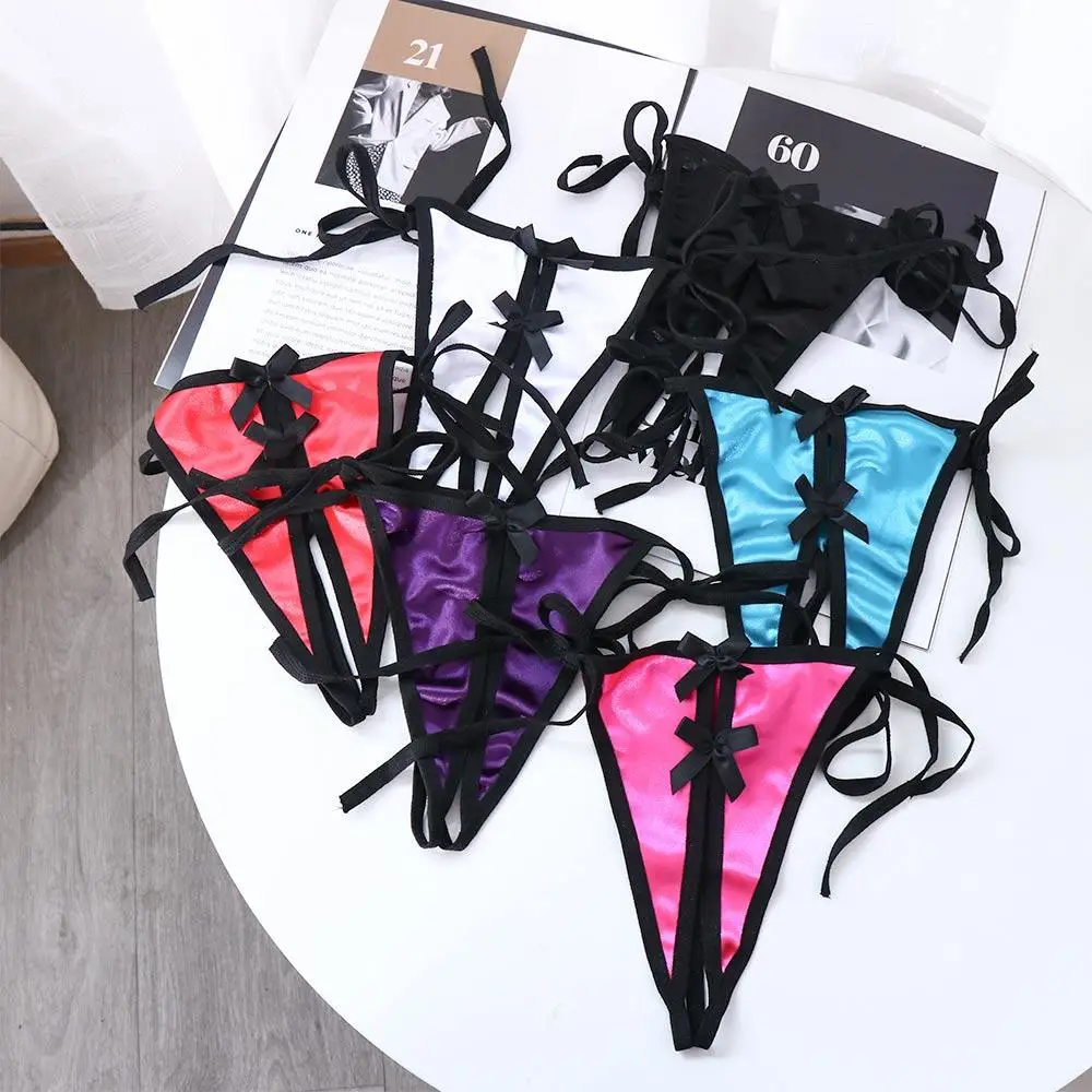 Transparent Bow Bandage Open Crotch Thin Belt Solid Color Women Panties Sex Thongs Underwear T-Pants