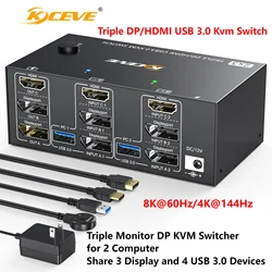 KCEVE Triple Monitors KVM Switch 2 Displayport HDMI USB 3.0 KVM Switch 8K@60Hz 4K@144Hz 3 Monitors 2 Computers KVM with 4 USB3.0