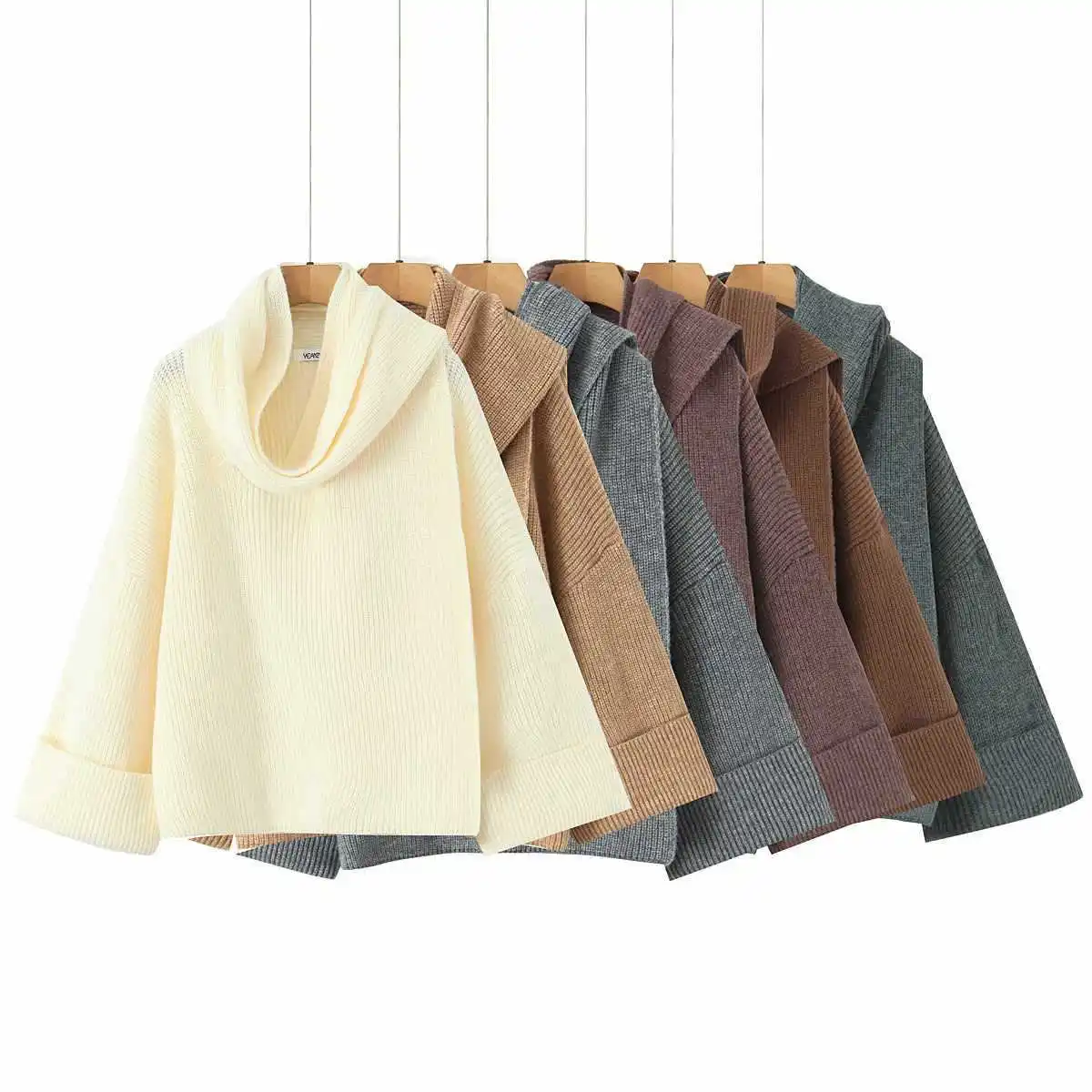 

Женский свободный вязаный свитер, однотонный шарф, украшенный осенне-зимним топом в европейском стиле, модная повседневная рубашка с длинным рукавом