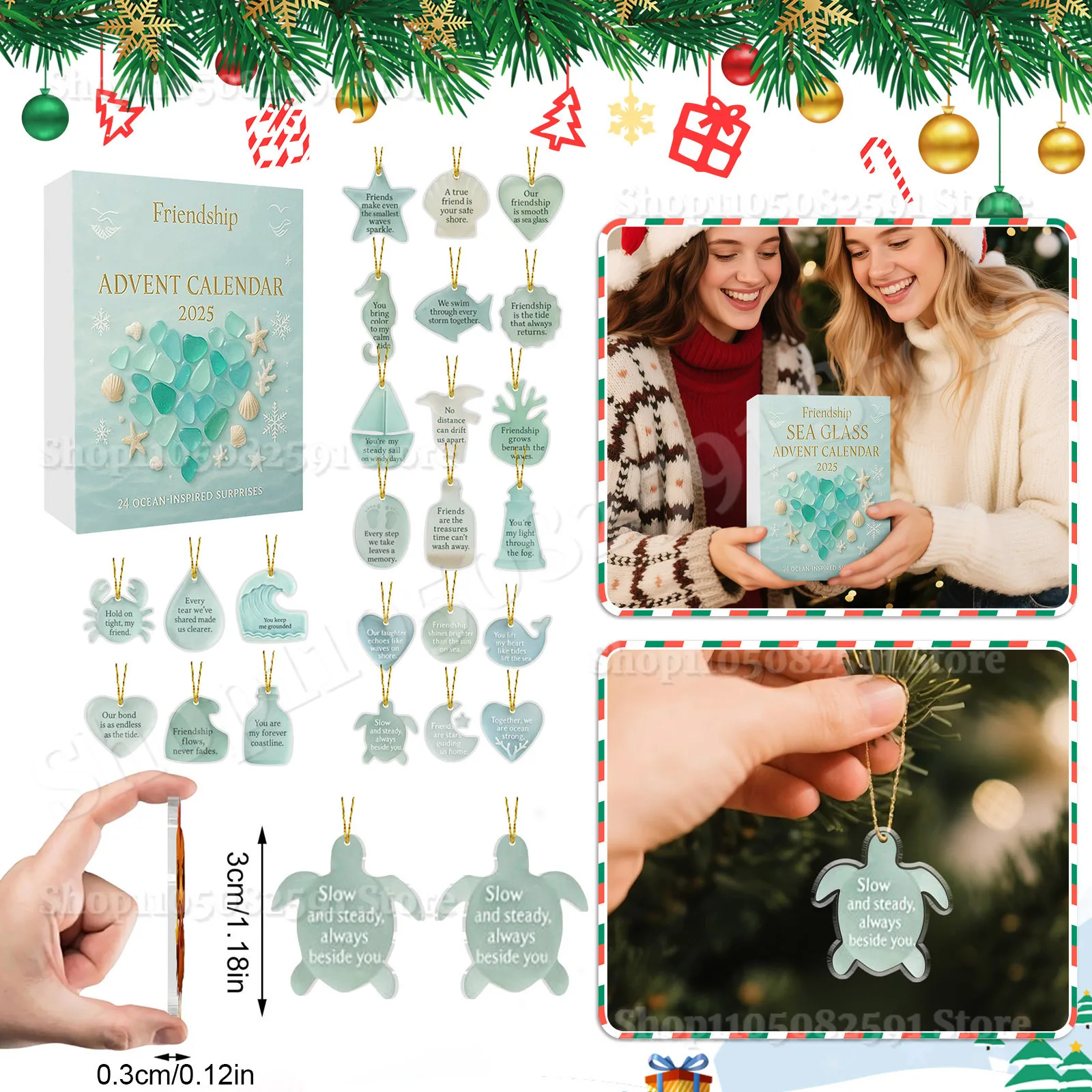 

Friendship Sea Glass Advent Calendar with 24 Gifts 2D Double-sided Printed Friendship Acrylic Pendant Christmas Gift for Friends
