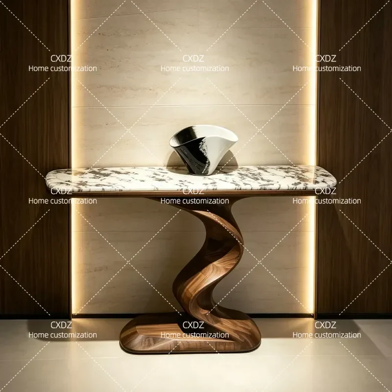 Luxury Song Style Aesthetics Entrance Table Black Walnut Solid Wood Stone Top Console Table Against Wall for Living Room