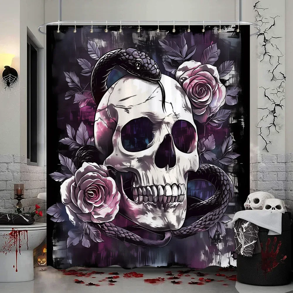 Scary Halloween Skull Flower Shower Curtain Black Raven Snake Red Rose Polyester Fabric Shower Curtain Bathroom Decor With Hooks