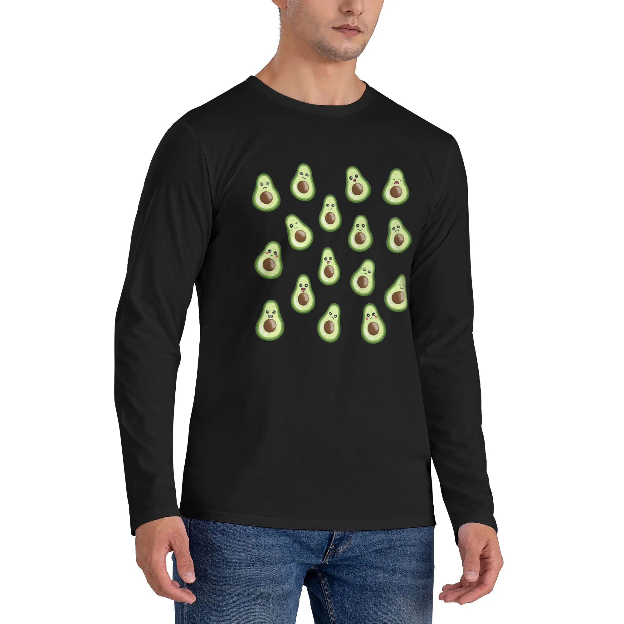 

funny avocado emoticons Men's Long Sleeved T-shirt Breathable Round Neck T shirts Spring and Autumn Men tops