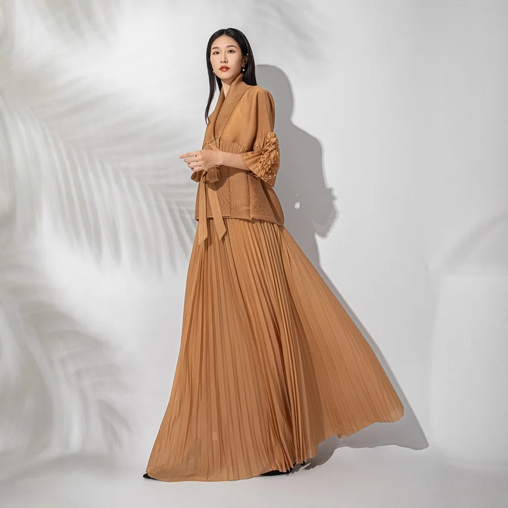 Miyake Plissee 2 Stück Set Frauen Gespleißt Tops + Kleid Lose Elegante Chic Stil Neue Frühling 2025, Einfarbig Weibliche Kleidung