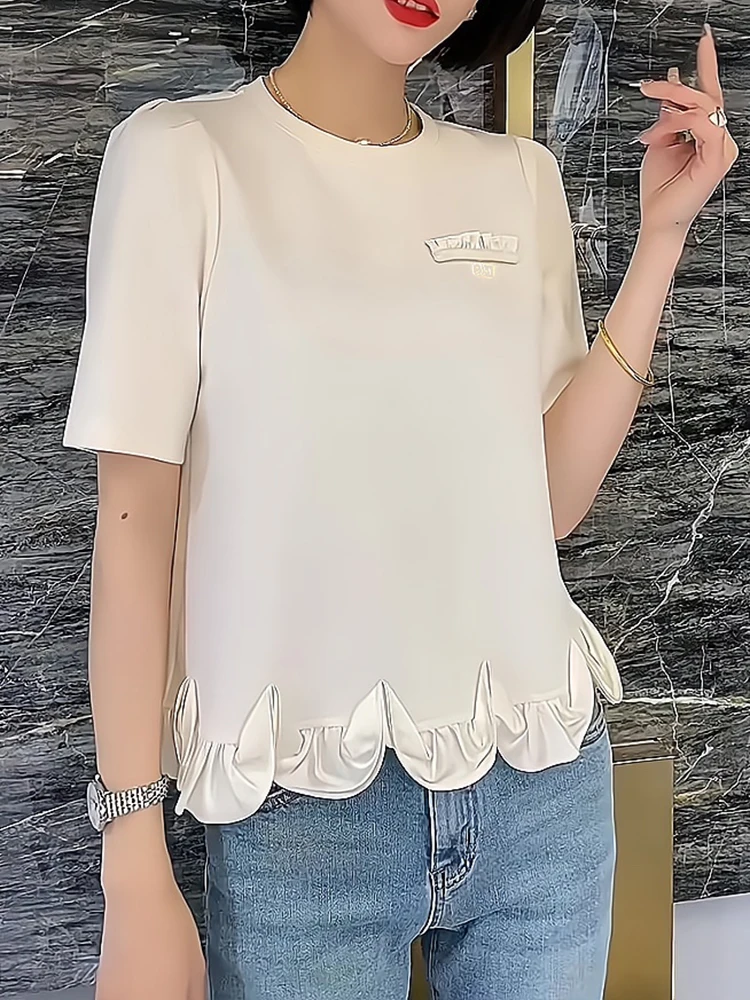 

White Splice round Ne ort Sve T-irt Spring Commute Sle Straight Tube Design Gtuq Brand Korean Version Spring T-irt