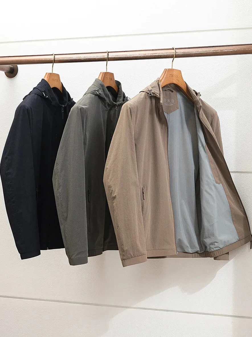 

Italian Luxury Outdoor Men's ort Hooded Jaet Casual Busin Sle Spring Autumn Faion Urban Stand Fit Long Sve