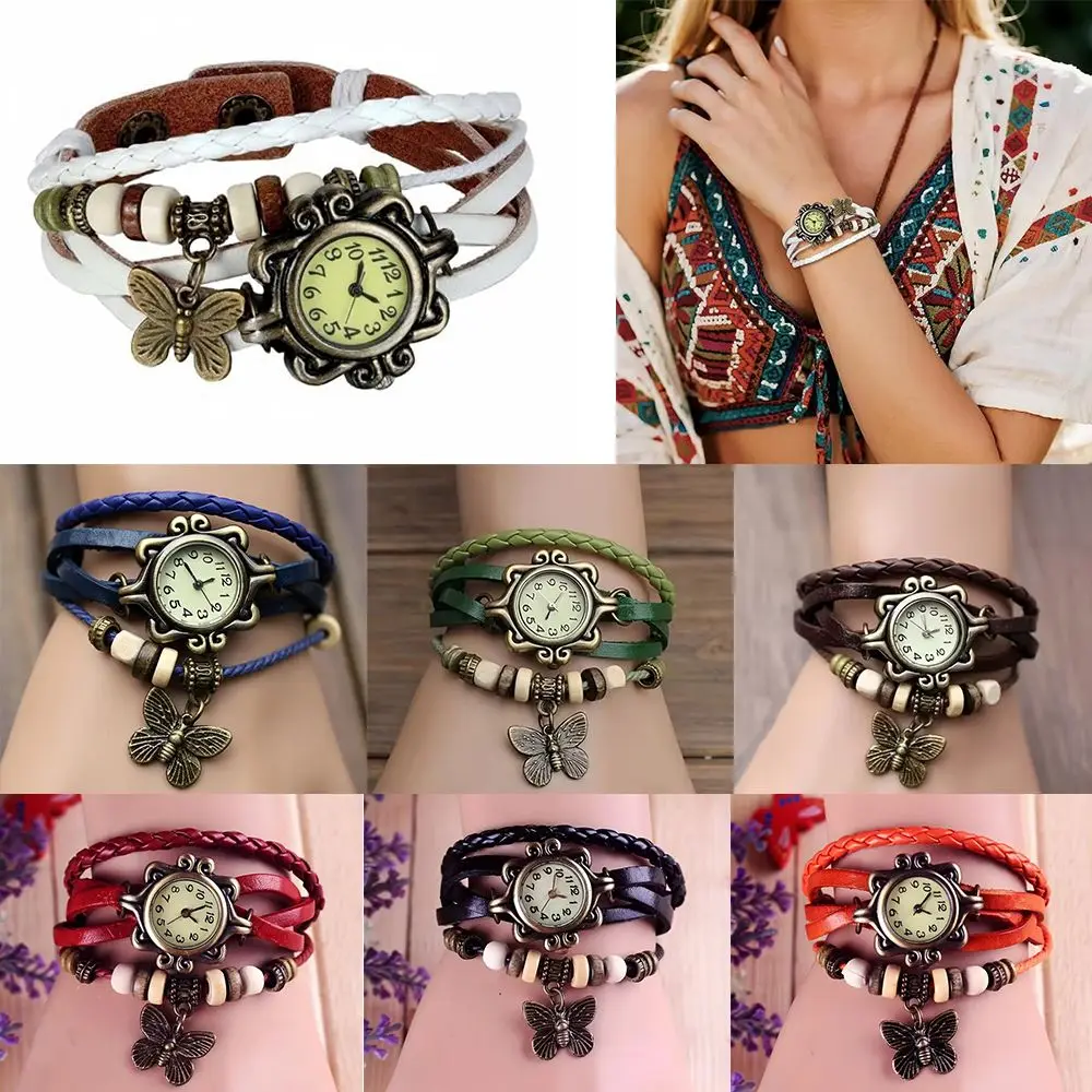Vintage Bracelet Watch Butterfly Charm PU Leather Wrap Bracelet Watch Quartz Movement Leather Wrapped Quartz Watch Women