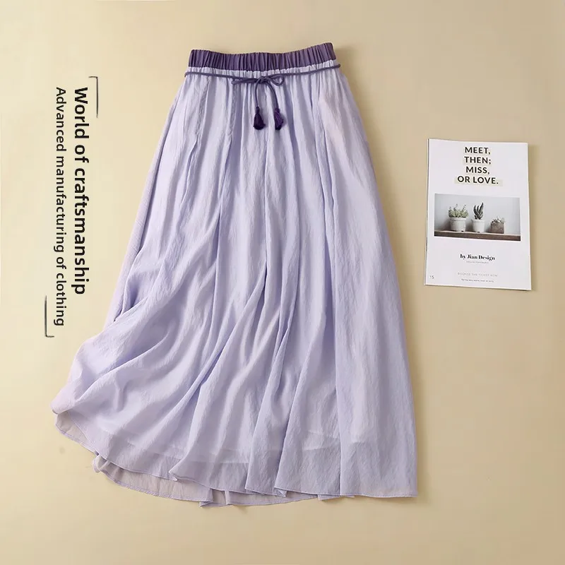 

Artistic Cotton Linen Double Layer Midi Skirt plus Size Women's Loose Fit High Waist Belted A-Line Skirt for Summer