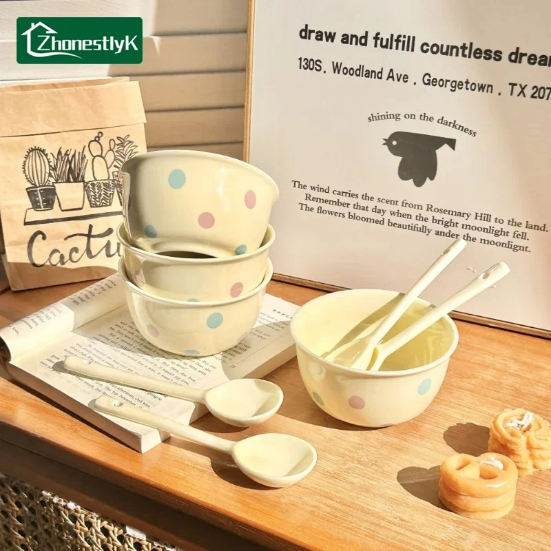 A Set of 4 Rainbow Polka Dot Cream Ceramic Tableware Cute Household Rice Bowl with Spoon Eating Dishes Soup Yogurt Dessert Bowls