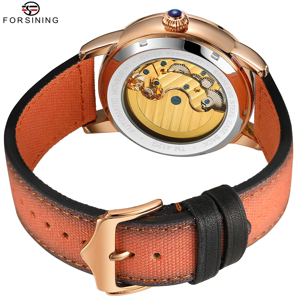 Forsining Men's Luxury Tourbillon Moon Phase Automatic Mechanical Movement Watch Carved Rhinestone Linen Fabric Strap Wristwatch