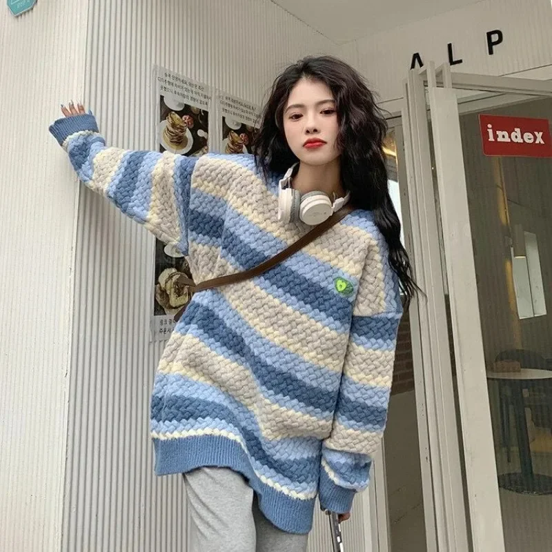 

Korean Style Women's Striped Sweater Loose Fashionable Versatile Slouchy Students Knitted Pullovers Autumn Winter Sweet Chic Ins