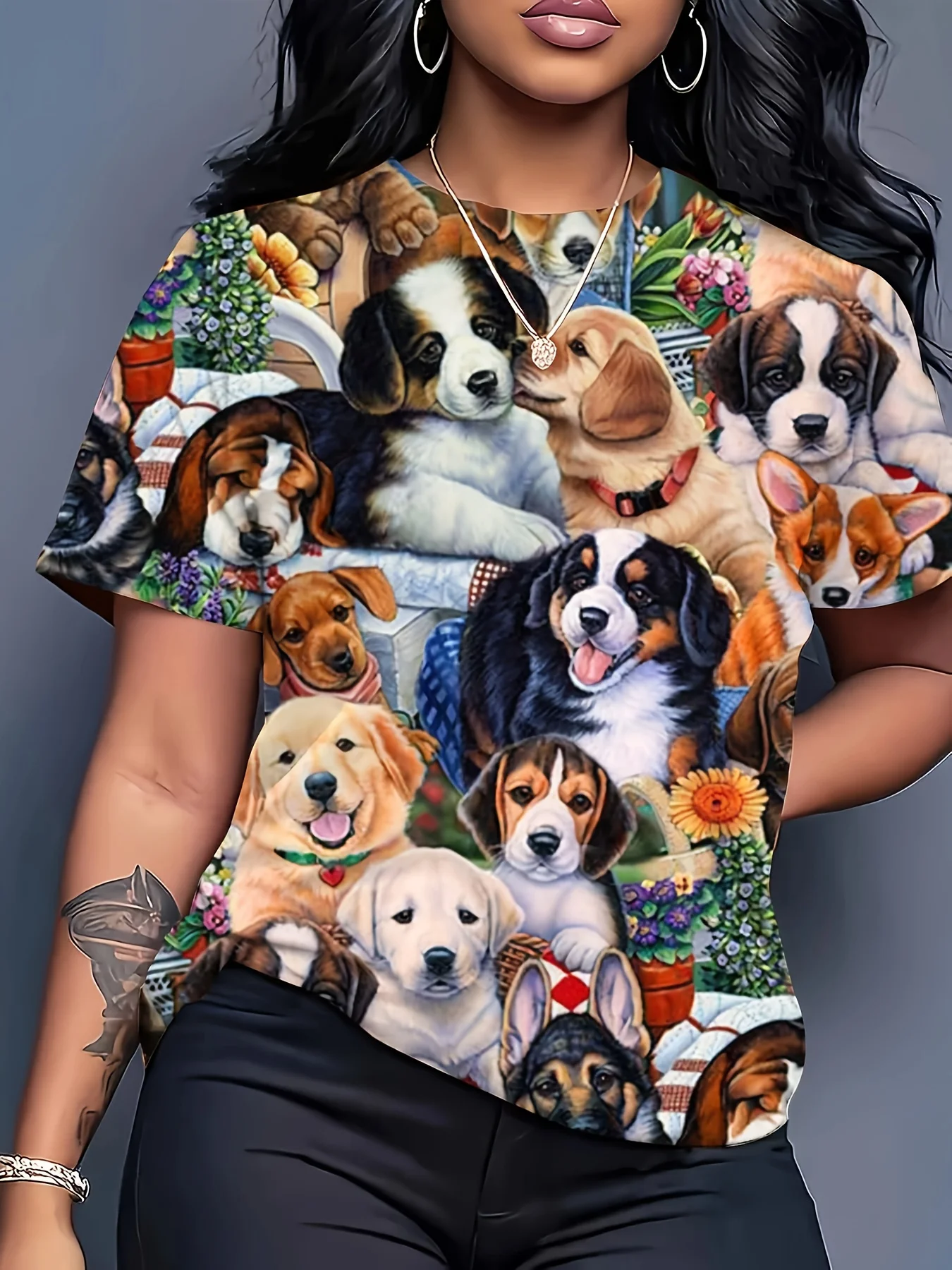 Women Crew Neck Short Sleeve T‑Shirt, Cute Mixed Breed Puppy Dog Pack Floral Pet Animal Graphic Casual Summer Tee