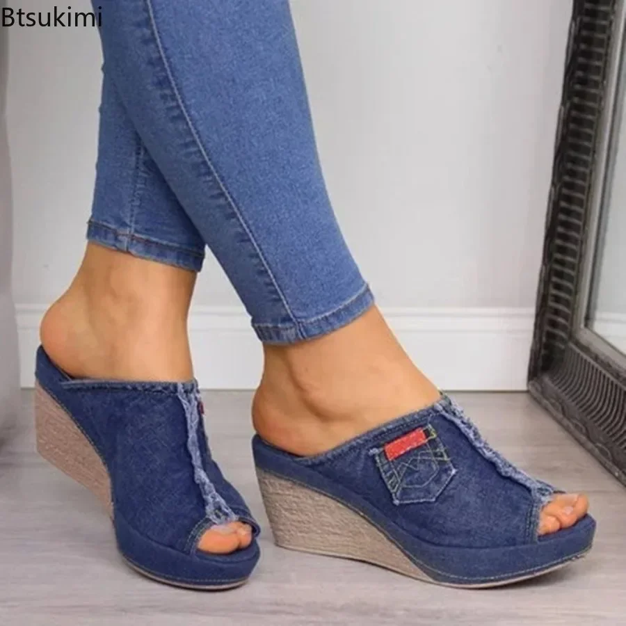 

New Women's Summer Cowboy Slippers Fashion Vintage Wedges Platform Casual Shoes Denim Peep Toe High Heel Sandals Ladies Footwear