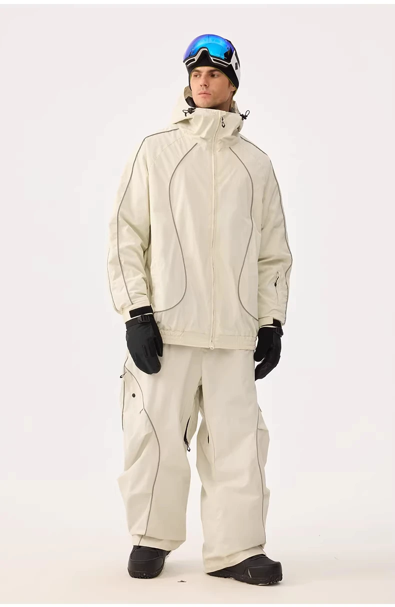 Gsou Snow 2025 Unisex Snowboard Suit with Reflective Details Waterproof Ski Jacket Pants Set Loose Fit Skiing Gear for Men Women