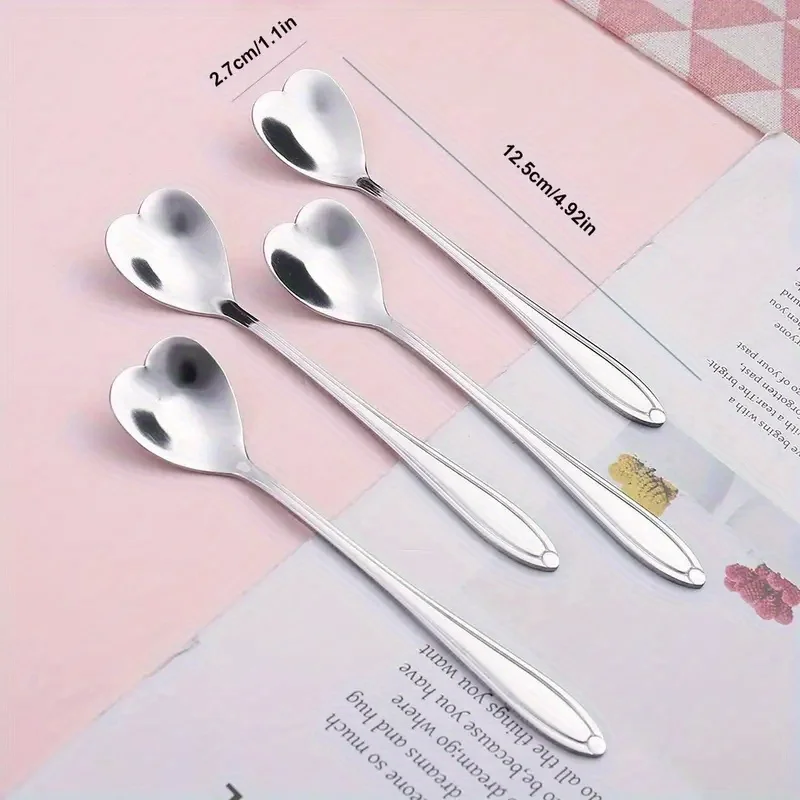 Polished Stainless Steel Heart-Shaped Coffee Spoons Set of 4 - Durable Mixing Flatware for Home, Kitchen, Restaurant