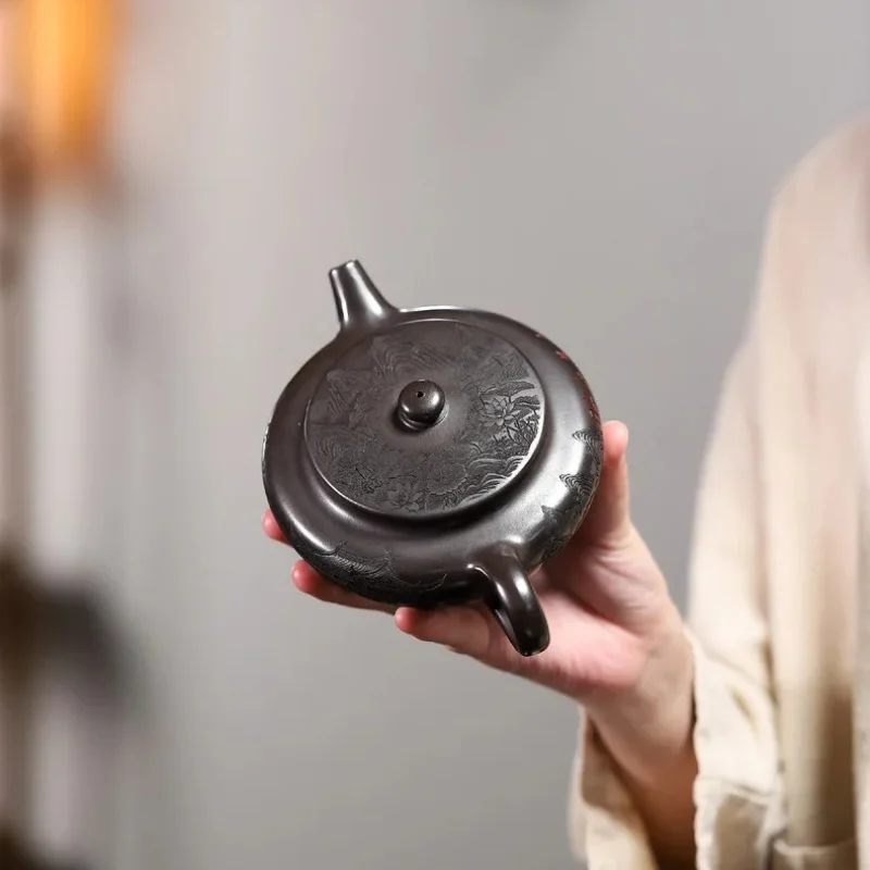 Handmade Yixing Ore Yellow Purple Clay Pot Carving and Gas Flat Morning Teapot Cover inside Lettering High-Capacity Ball Hole