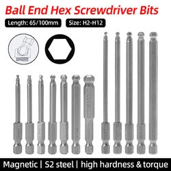 Ball End Hex Screwdriver Bits Set Allen Wrench Screw Driver Drill Bit 1/4Inch Shank Magnetic S2 Steel 65/100mm Hand Repair Tools