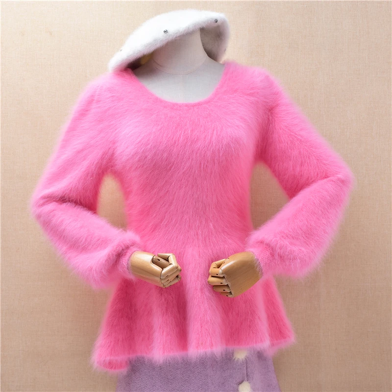 Ladies Women Fashion Hairy Soft Pink Angora Rabbit Hair Knitted O-Neck Long Lantern Sleeves Falbalas Slim Sweater Jumper Pull