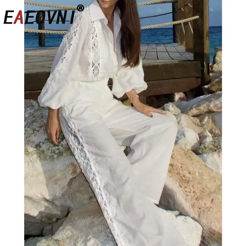

EAEOVNI Lace Embroider Women Two Piece Set Fashion Hollow Out Design Blouse + High Waist Wide Leg Long Pants 2025 New 1A1231