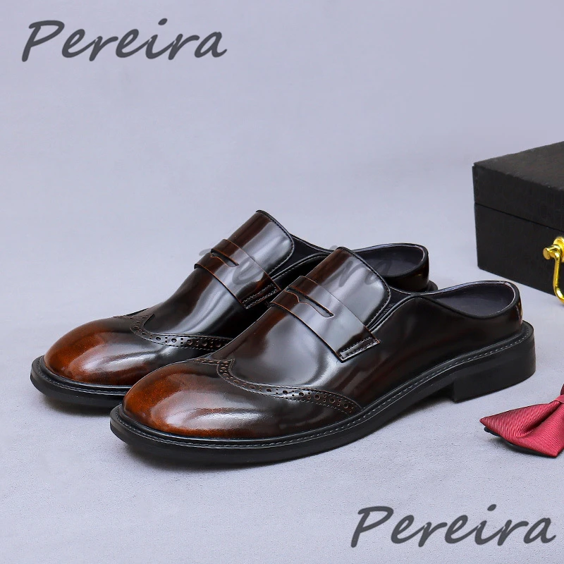 

Retro Cowhide Men's Slippers British Big Round Toe Slip-On Casual Business Shoes Summer New Genuine Leather Handmade Male Shoes