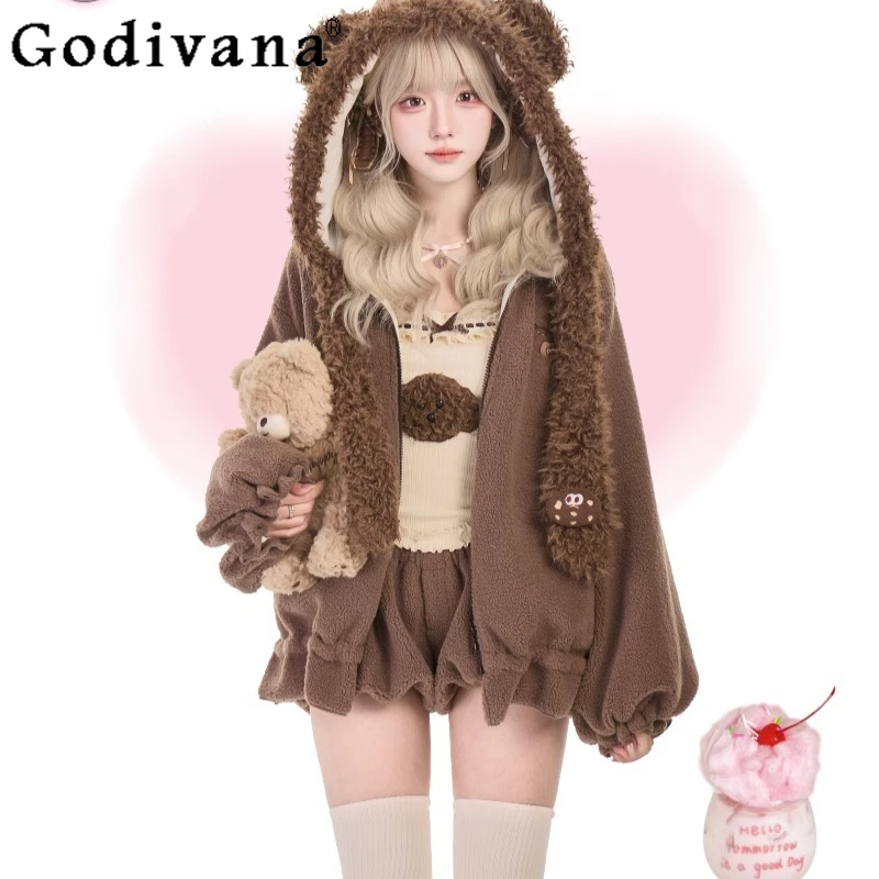 الإناث اليابانية نمط لوليتا وتتسابق محبوك بروتيل أفخم السراويل أفخم سترة مع بروش ثلاث قطع مجموعة النساء الدعاوى الحلو