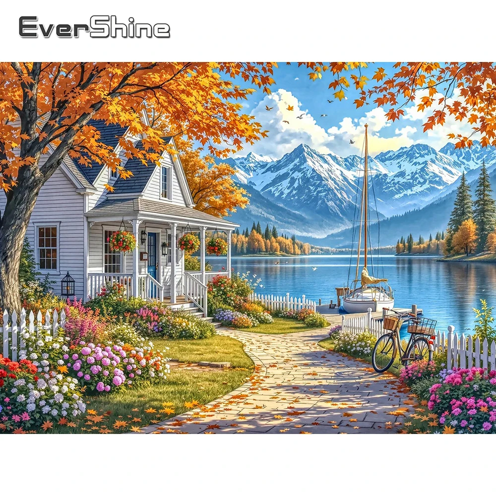 EverShine Diamant-Mosaik Landschafts- und Straßenbild mit Strasssteinen, 5D-Stickerei, Schneeberg, Vollbesatz, Ahornblatt Wandkunst