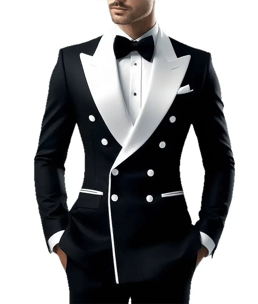 

Двубортный черный смокинг для жениха, белый атласный лацкан, мужские костюмы с четырьмя пуговицами, свадебный комплект из 2 пирогов (куртка + брюки) D532