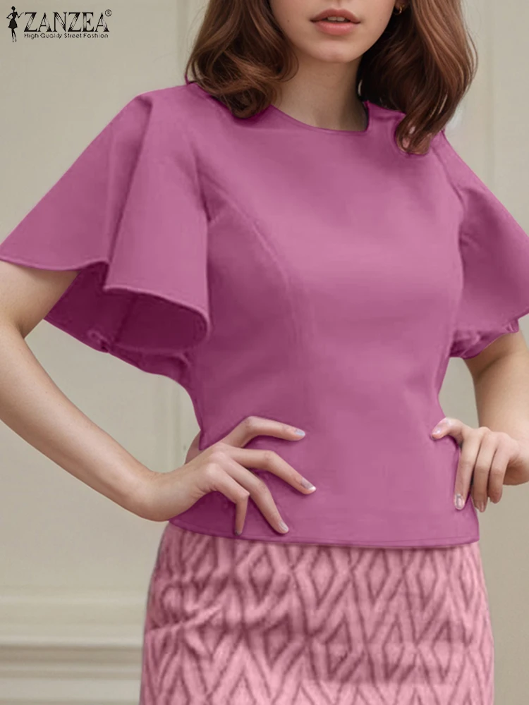 

ZANZEA Elegant Office Lady Blouse Women Summer Shirts 2025 Fashion Short Sleeve Solid Color Tunic Tops Ruffle Sleeve OL Blusas