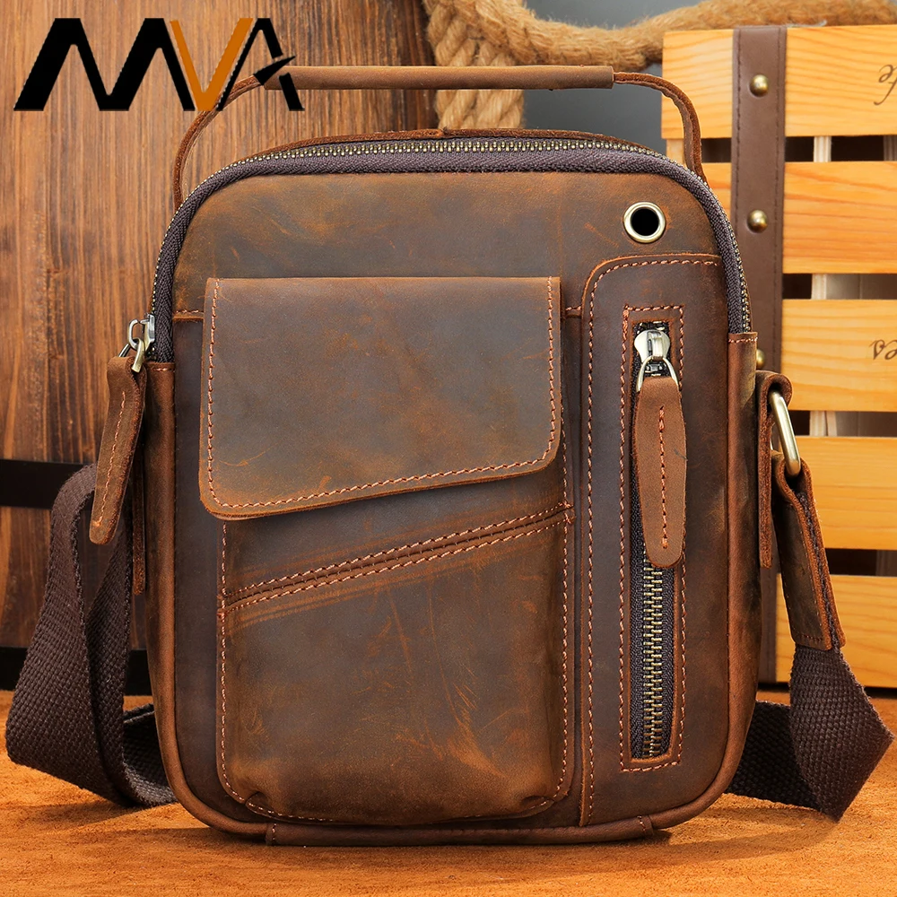 

MVA Men's Shoulder Bag Crazy Horse Leather Men's Bags Sports Messenger Bag Large Capacity Casual Retro Tote Bags Gift For Him