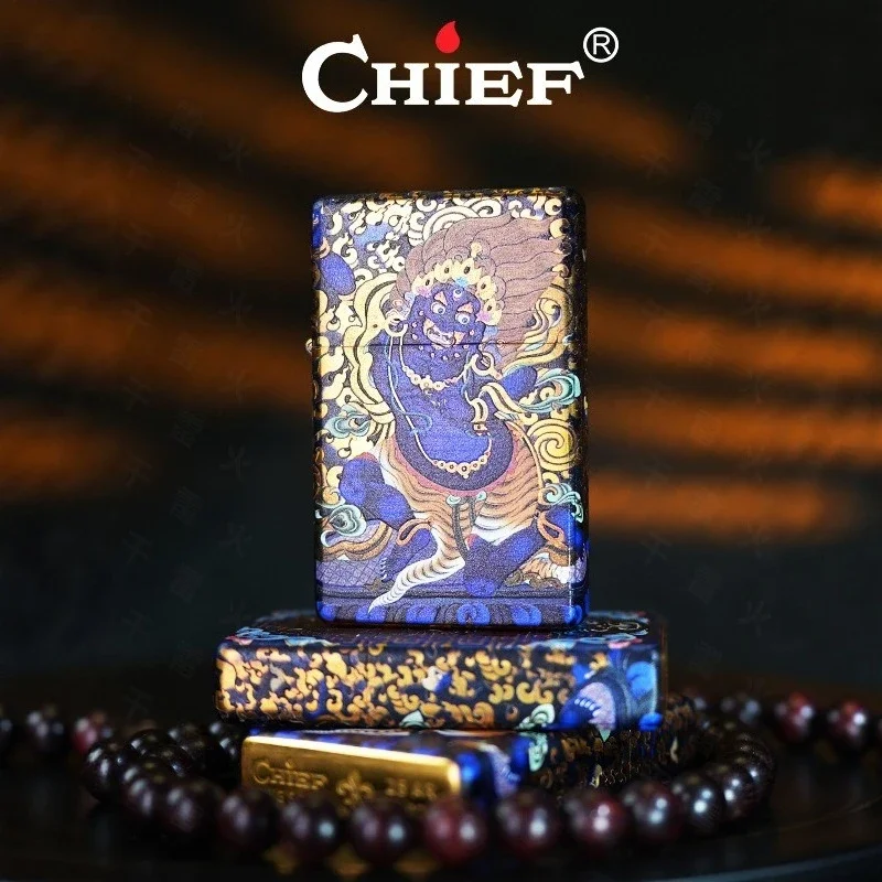 CHIEF God of Wealth Five sided Color Printing Kerosine Lighter Classic Grinding Wheel Ignition Fashion Trend Ultra thin Lighters