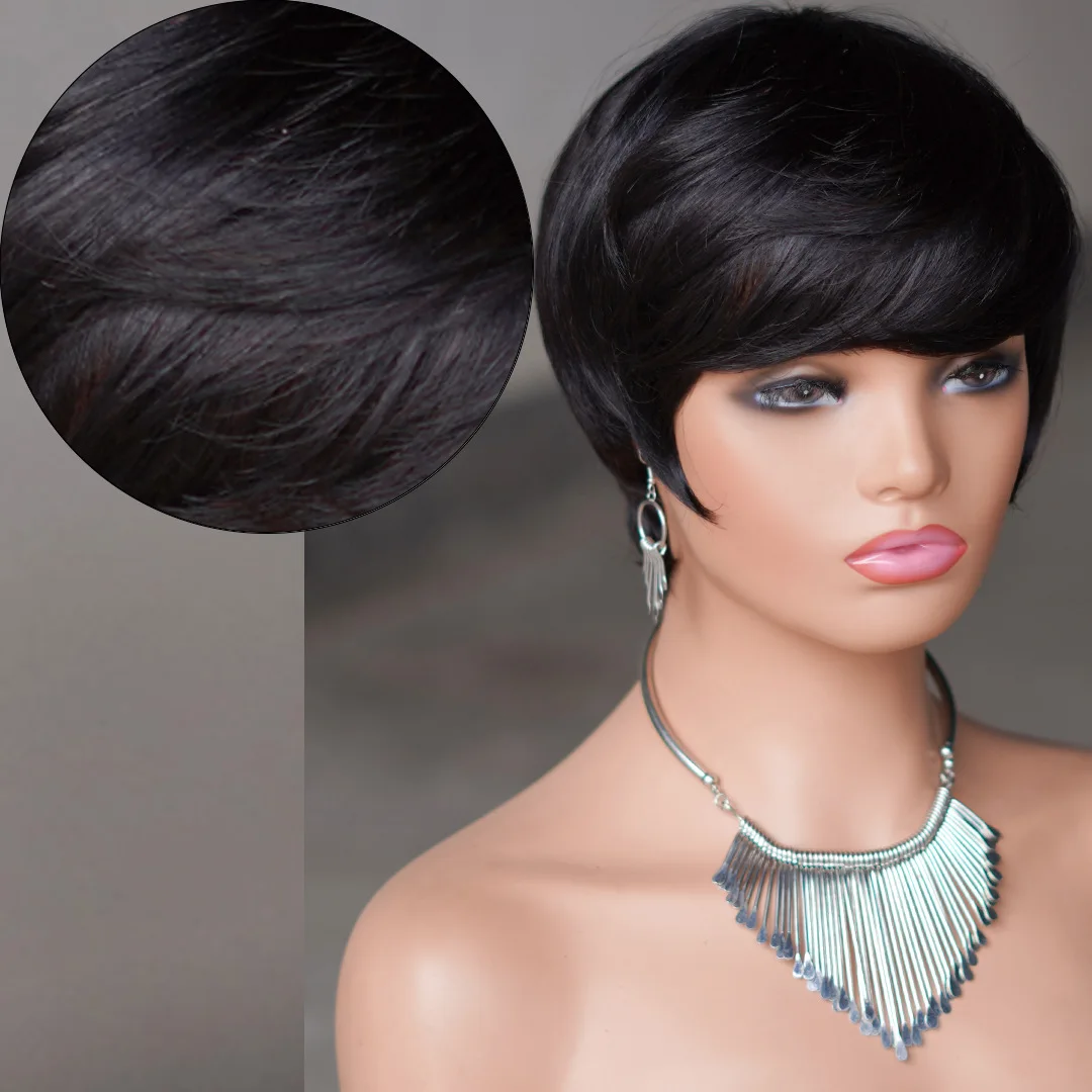 1B Short Human Hair Wigs Pixie Cut Straight perruque bresillienne for Black Women Machine Made Wigs With Bangs Cheap No Lace Wig