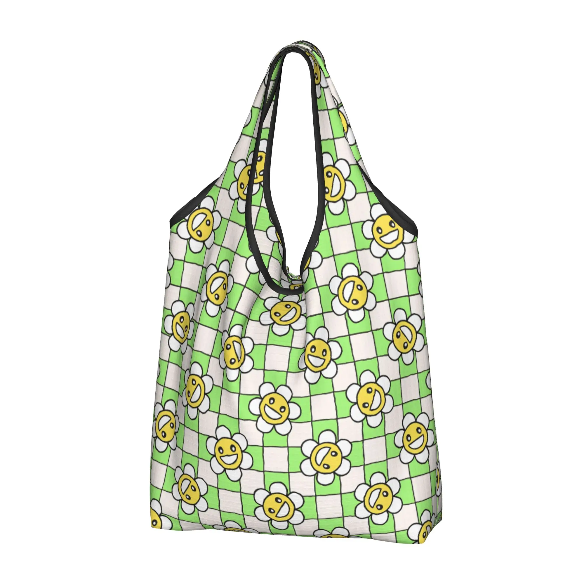 Funny Happy Face Daisy Flower   Shopping Tote Bag Portable Green Checkered  Groceries Shopper Shoulder Bag