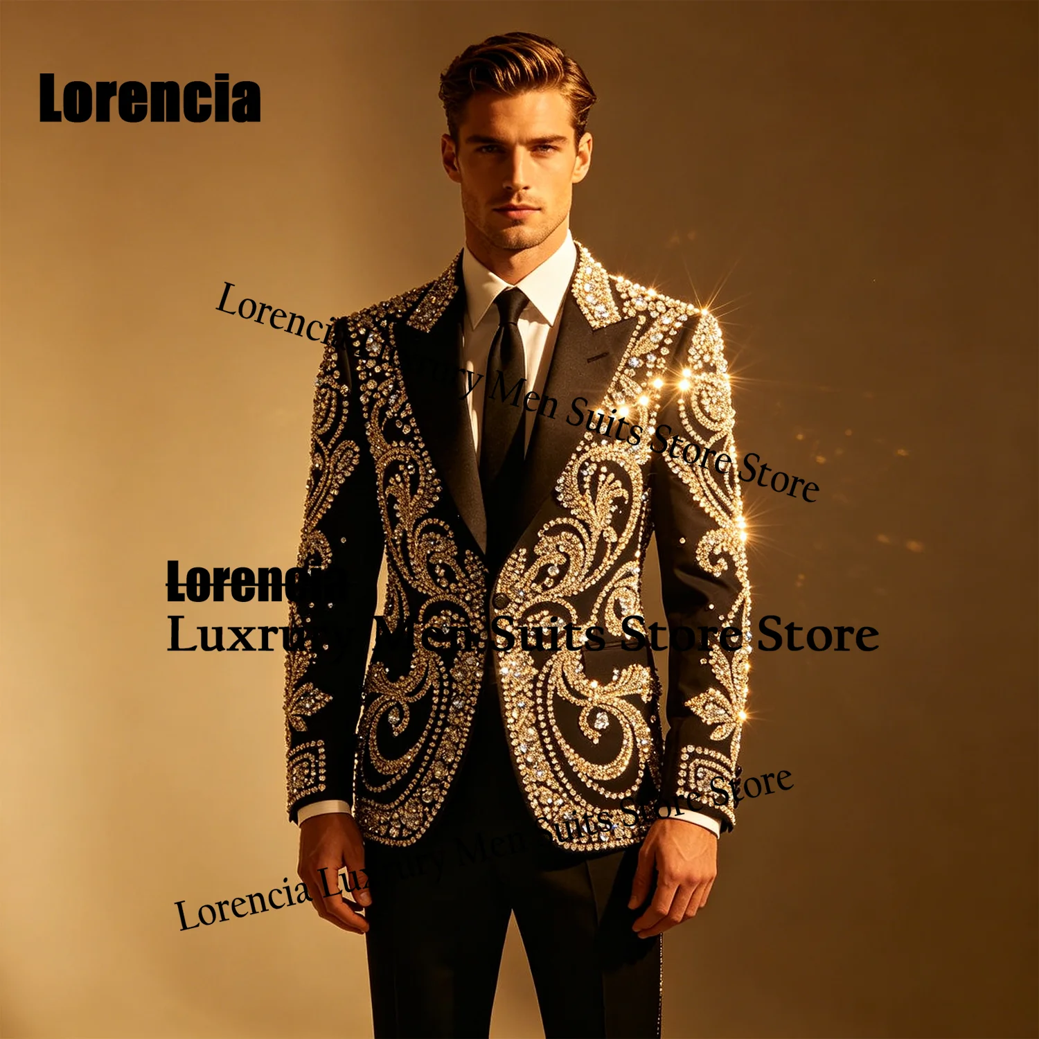

Intricate Sequins Rhinestone For Men Suit Customized Diamond 2 Pieces Groom Male Blazers Ropa hombre Luxury Slim Evening Tuxedos
