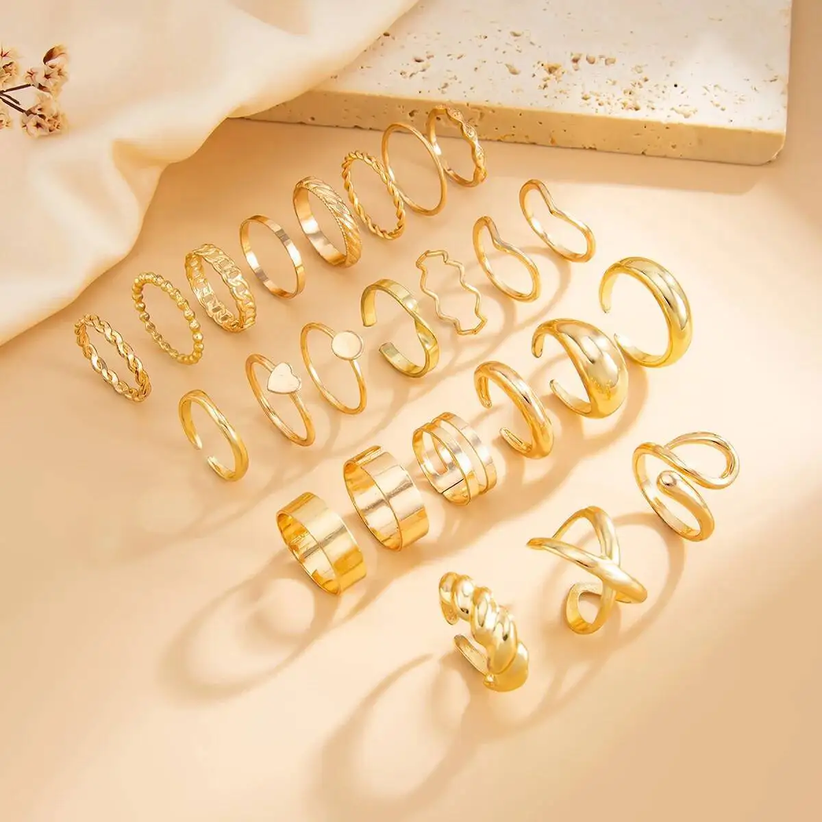 SHIXIN 24 قطعة/المجموعة العصرية غير النظامية الهندسة المفتوحة خواتم للنساء الشرير معدن الذهب اللون قابل للتعديل المفصل الدائري مجموعة مجوهرات الحفلات