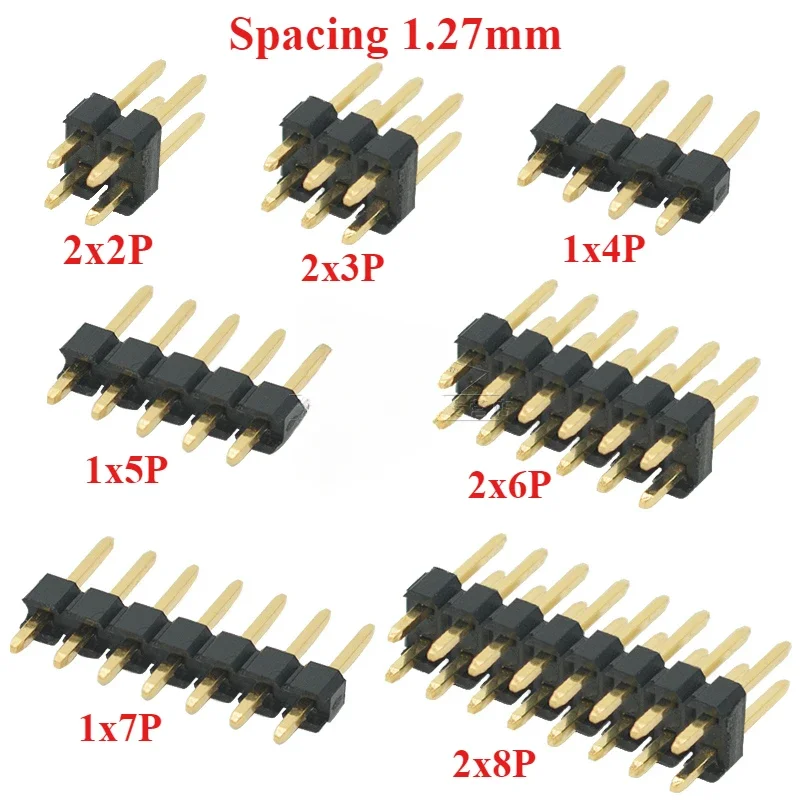 Spacing 1.27mm, Gold-plated Single Row/double Row Straight Pins 1x2/3/4/5/6/8/10/12-40/50Pin, Through-hole Connector