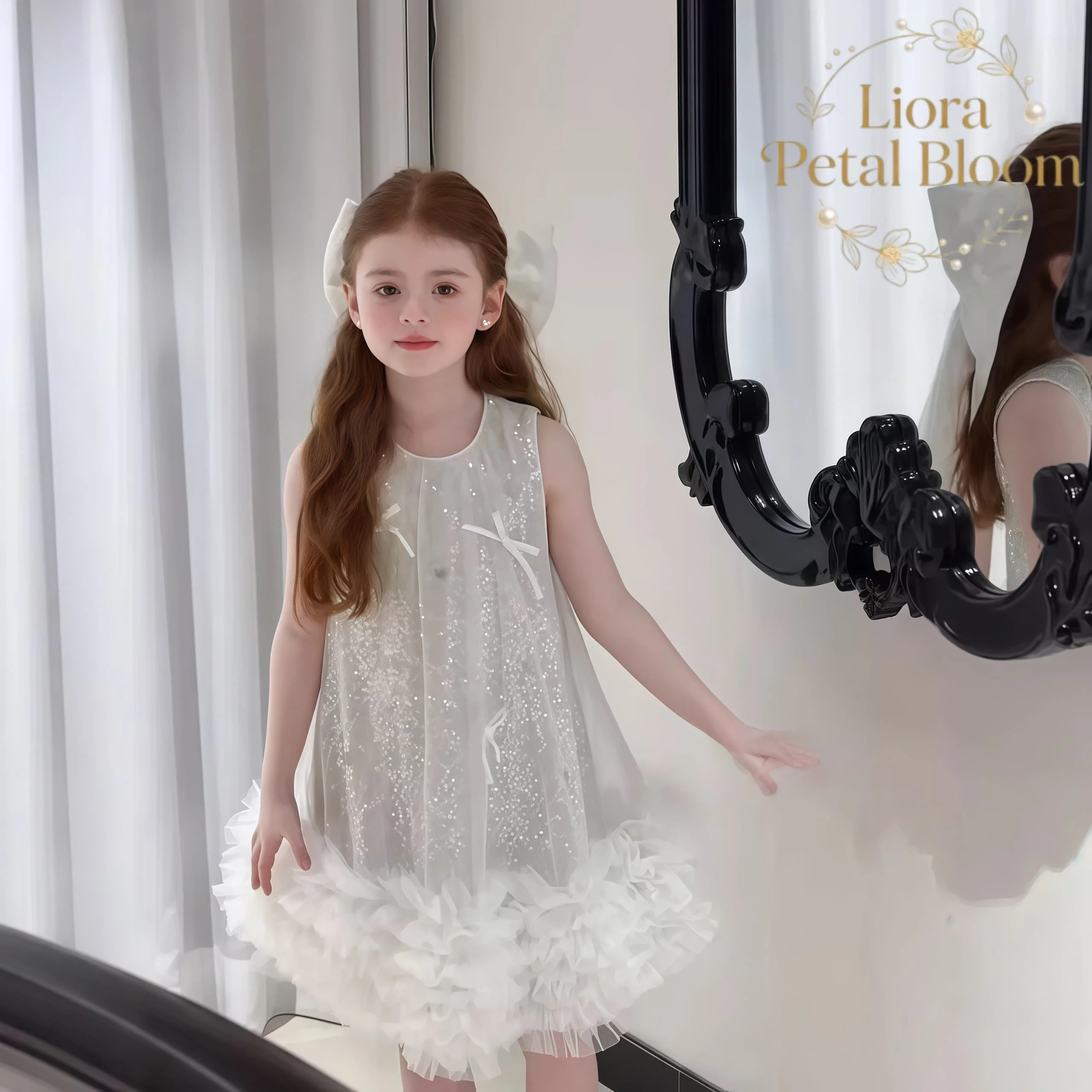 Abito da ragazza con paillettes colorate, abito elegante con fiocco, abito corto da festa, abito da damigella, abito per tutti i giorni