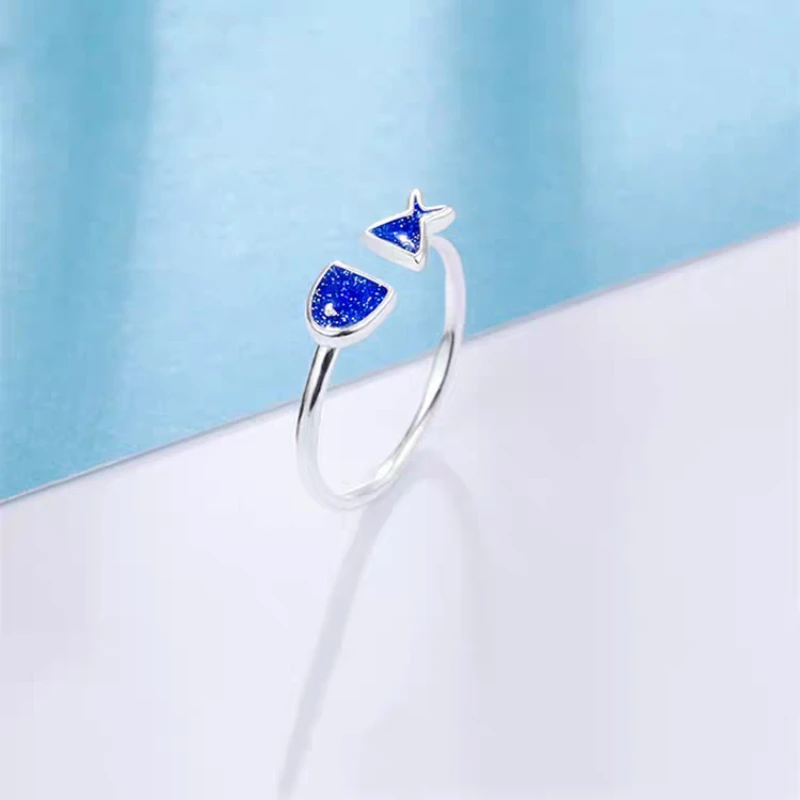 925 Sterling Silver Cute Blue Small Fish Ring Korean Version Fashionable Simple Jewelry Gift Elegant Finger Ring for Women
