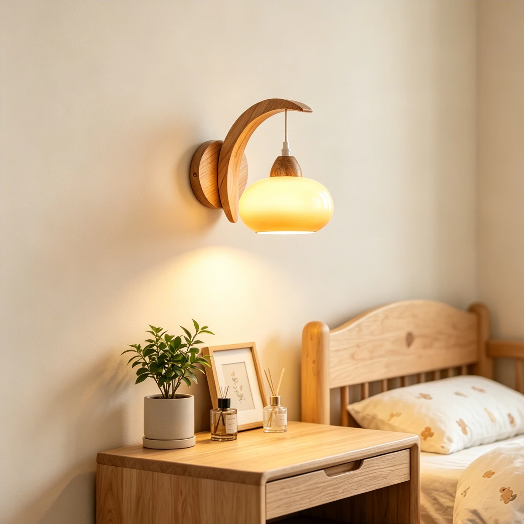 Japanese Log Wood&Glass Wall Lamp Eye-friendly Children's and Princess Room Living Room Entrance French Cream Acrylic Wall Light