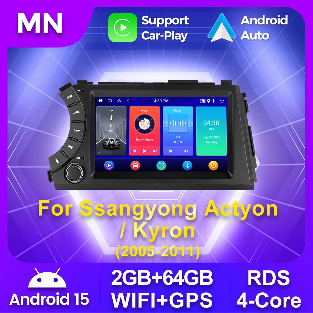 Android All-in-One 2 Din Autoradio für Ssangyong Kyron Actyon 2005–2011, kabelloses Carplay, Auto-Audio, GPS, FM-Stereo, WLAN-Kopfeinheit