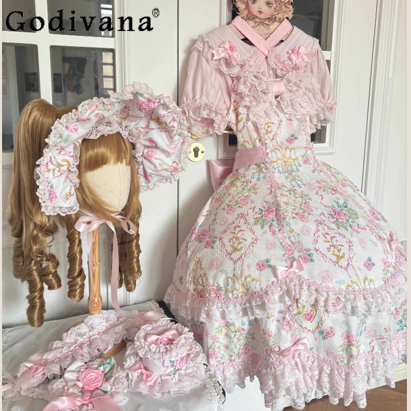 

Sweet Princess Style Lolita Dress JSK Summer Japanese Girl Sweet Floral Print Lo Sling Dress French Elegant Cla Tea Party Dress