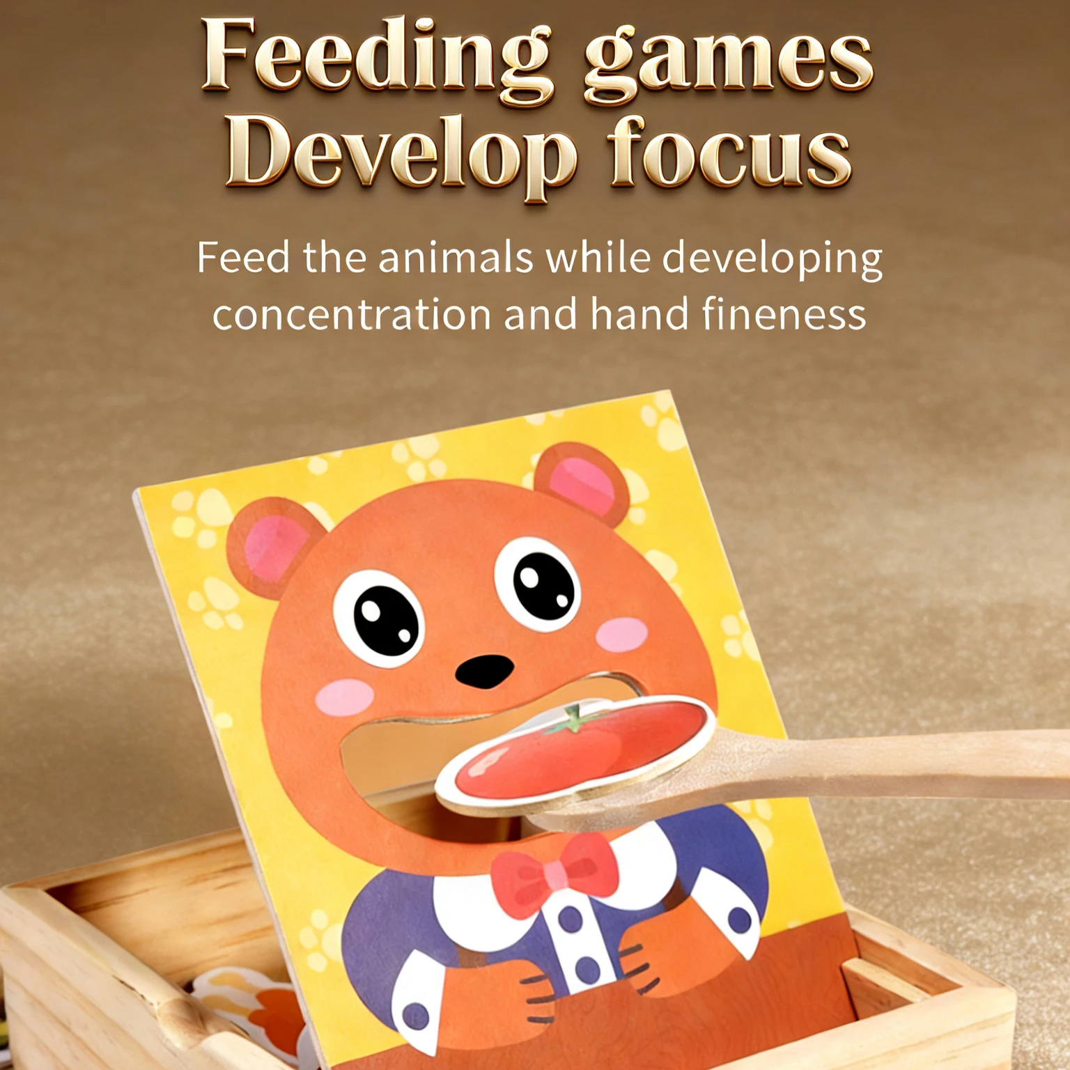 Wooden Bear Feeding Game Toddlers 30 Food Cards Fruits Vegetables Desserts Spoon Plate to Boost Fine Motor Skills Food Cognition